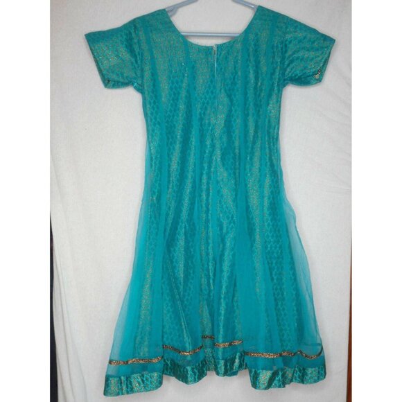 Gorgeous Beaded Teal Gold w Scarf Dress India - Picture 10 of 11